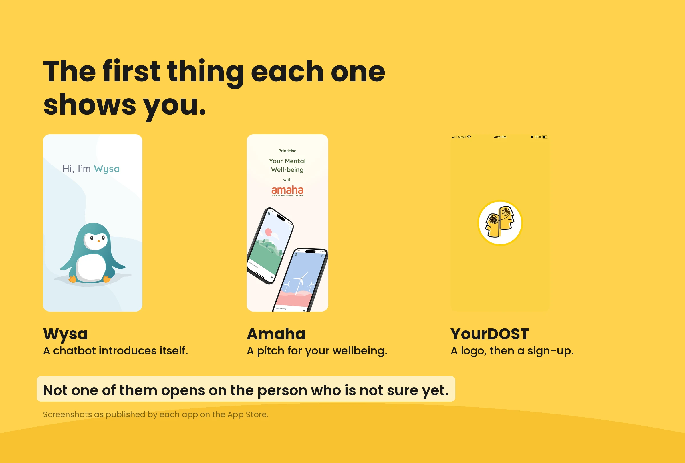 The first App Store screenshot of Wysa, Amaha and YourDOST