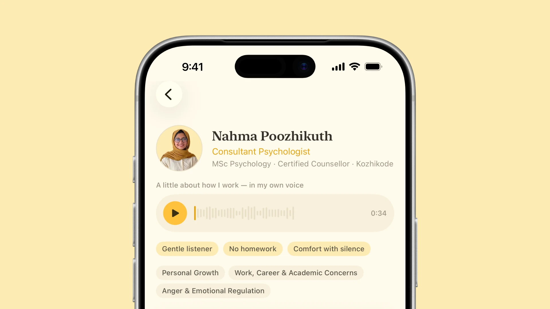A therapist profile with a voice introduction player, credentials, and tags such as gentle listener and comfort with silence