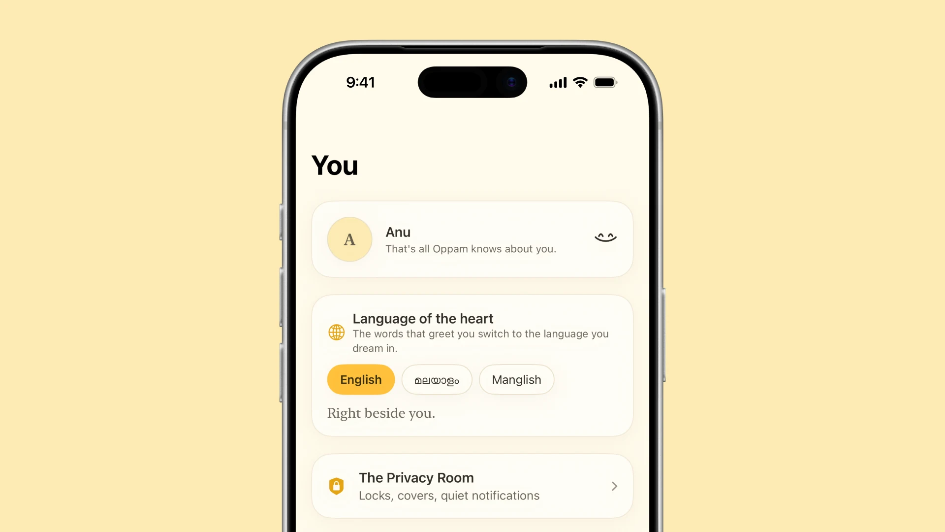 The You tab with the language of the heart switcher and the privacy room