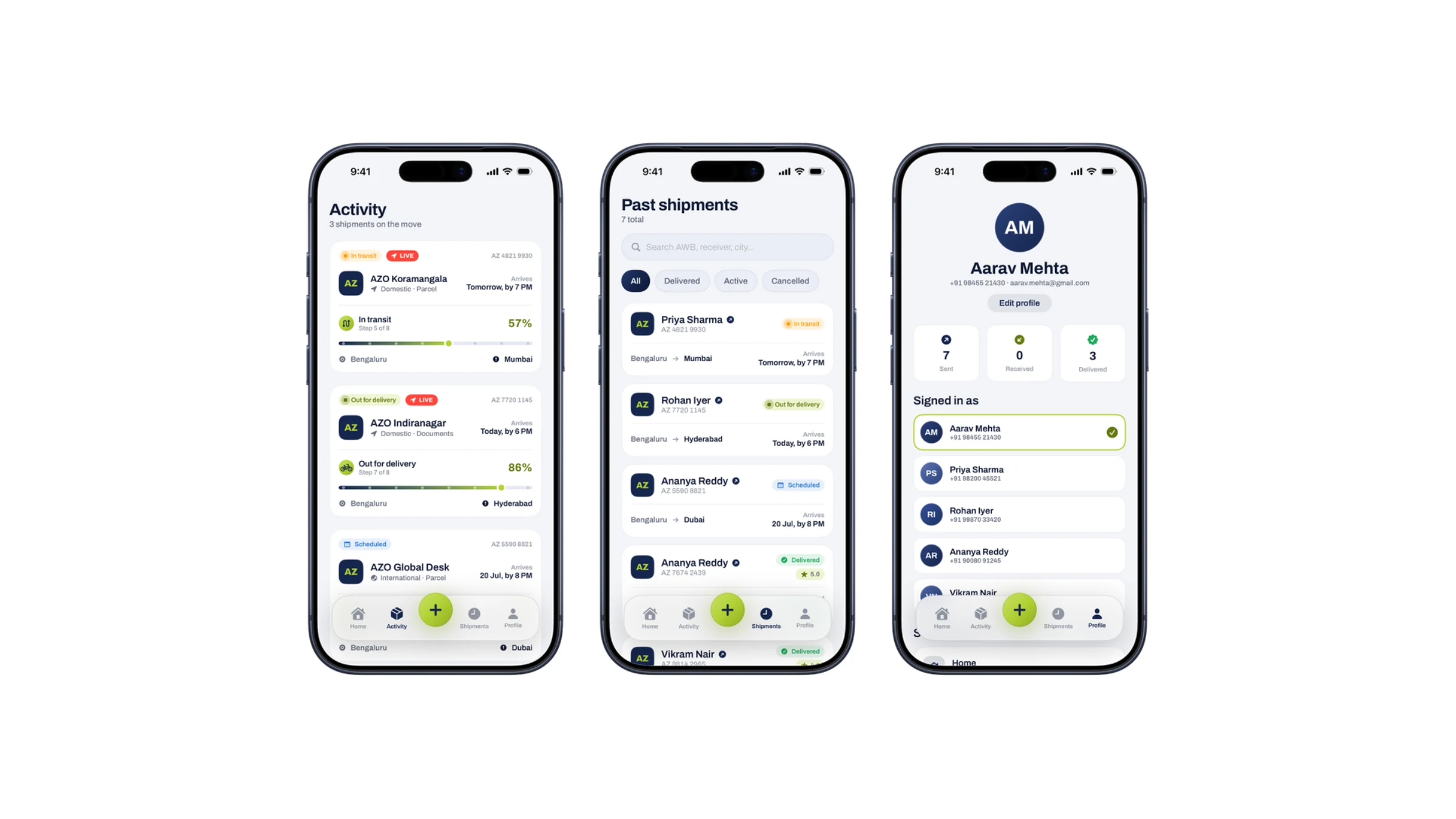 Activity, shipment history, and the profile screen