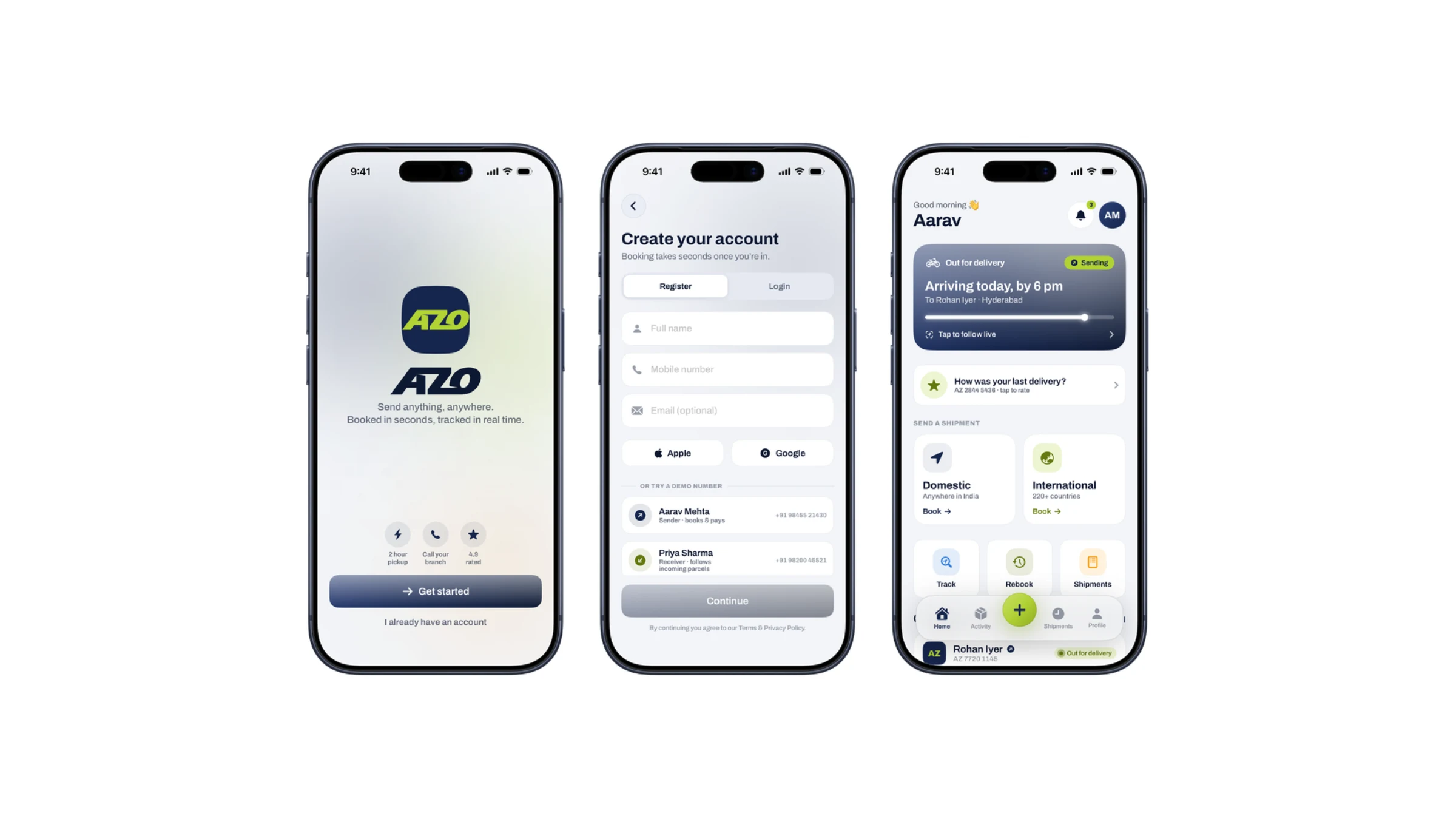 The welcome screen, phone sign-in, and home