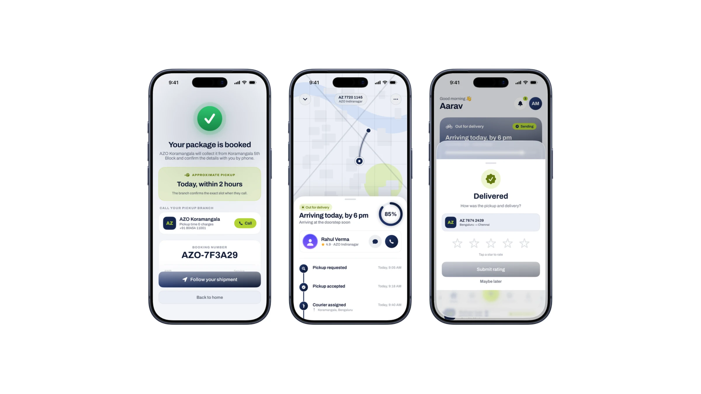 The booking confirmation, live tracking with the courier on a map, and the rating prompt