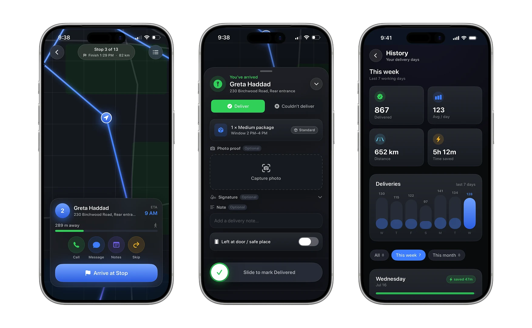 Dark mode navigation, the delivery proof sheet with photo and signature, and the history screen