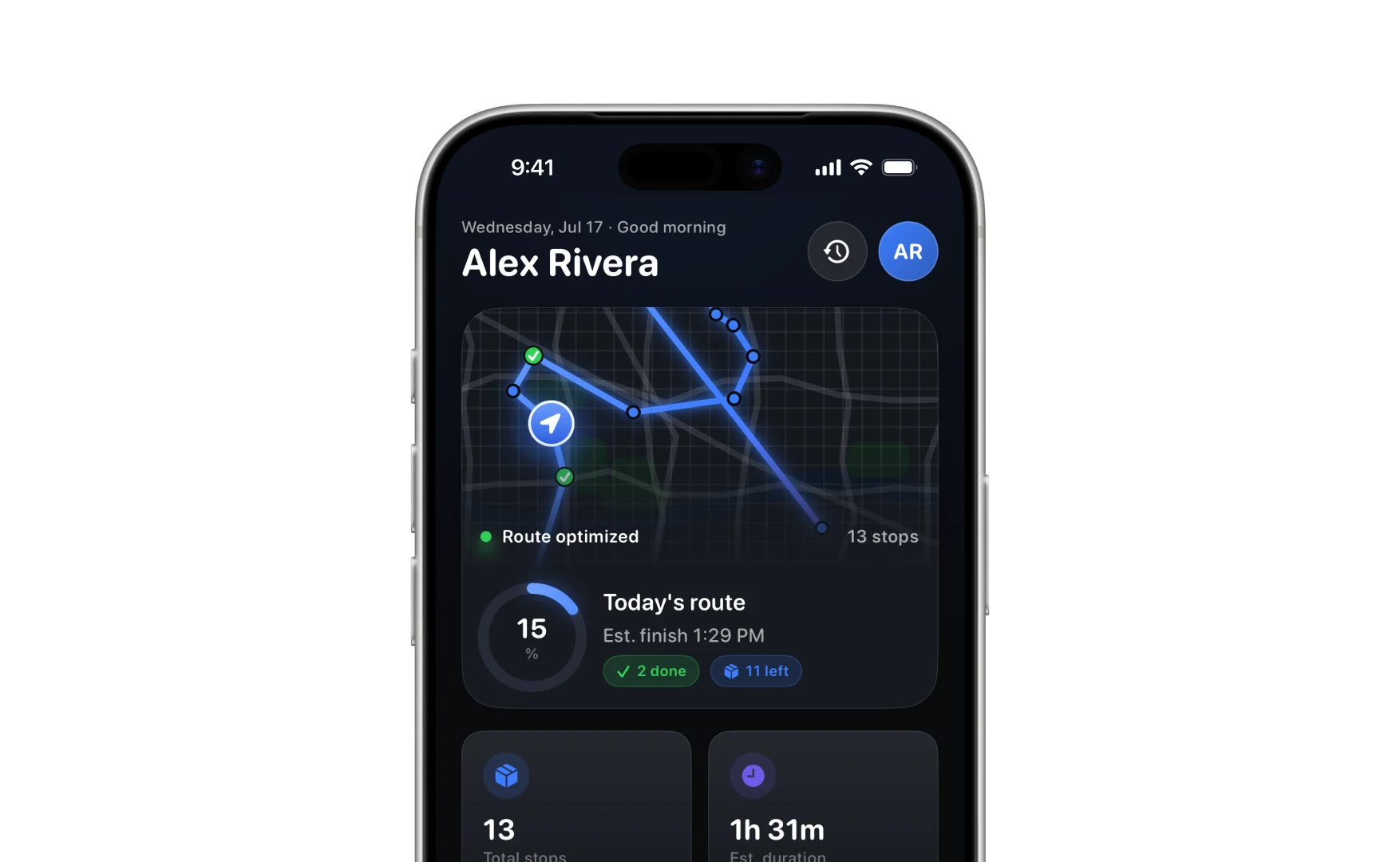The same home screen in dark mode, with the route on a dark map