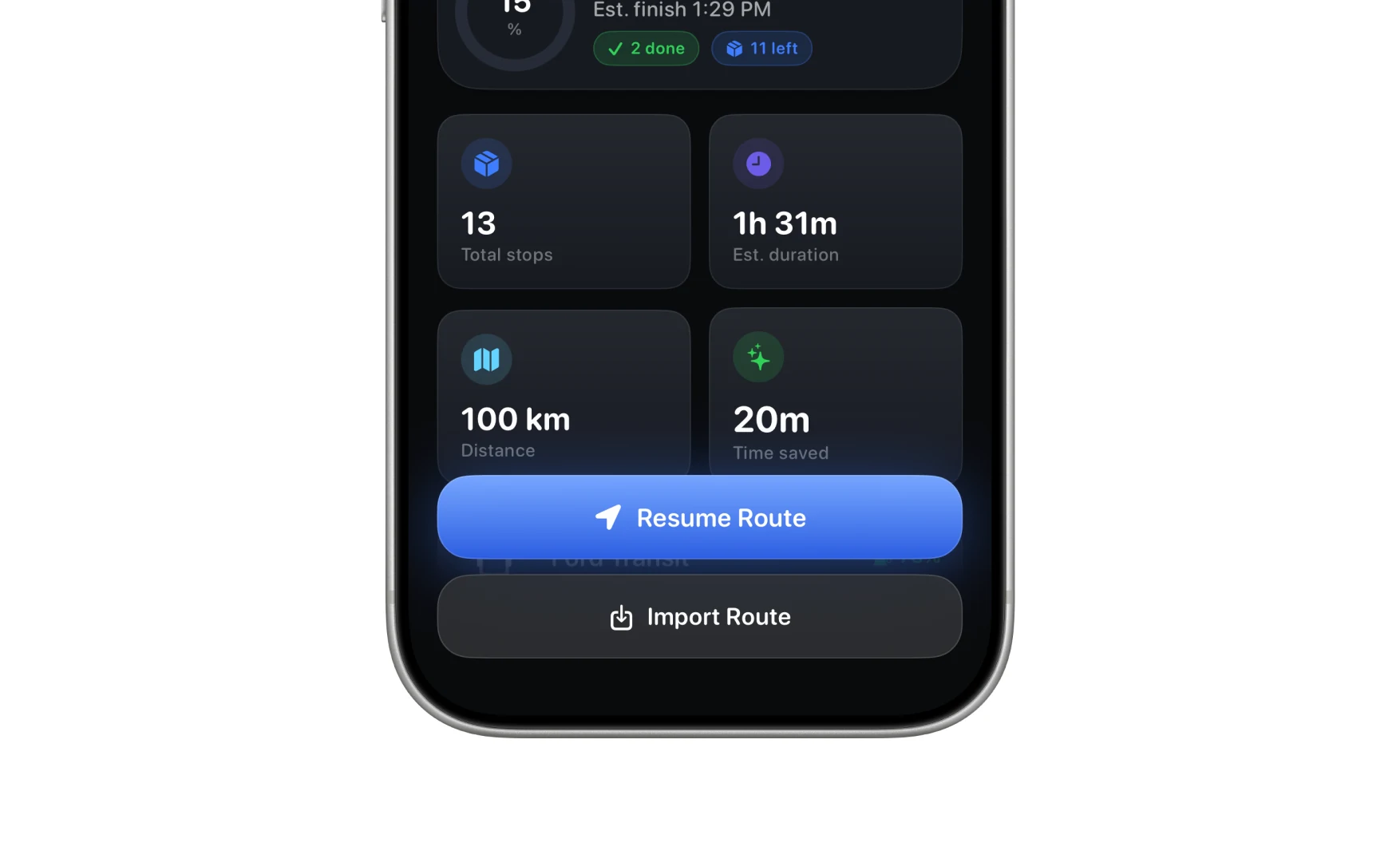 The stat tiles and Resume Route button in dark mode