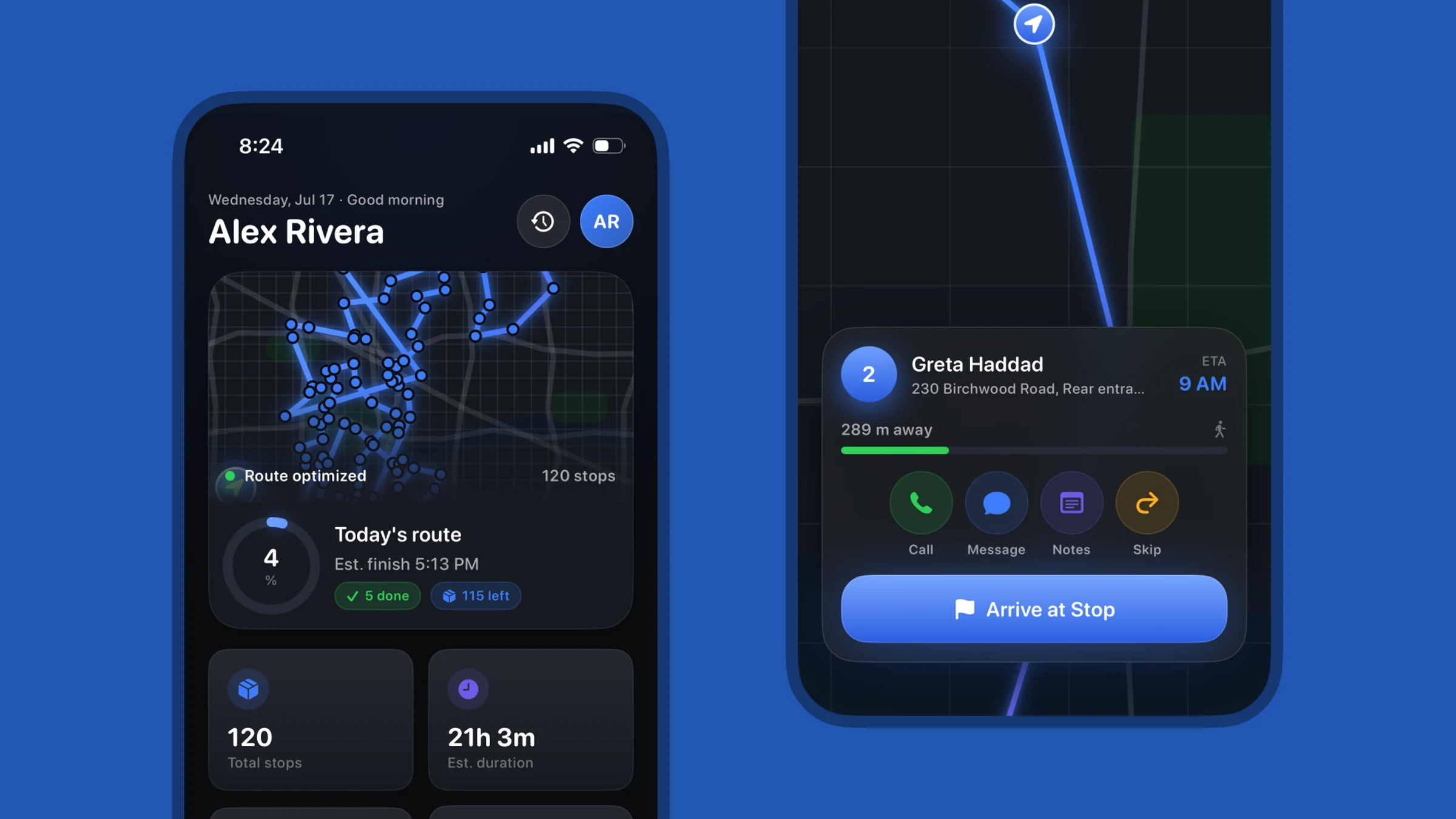 The same home screen and stop card in dark mode