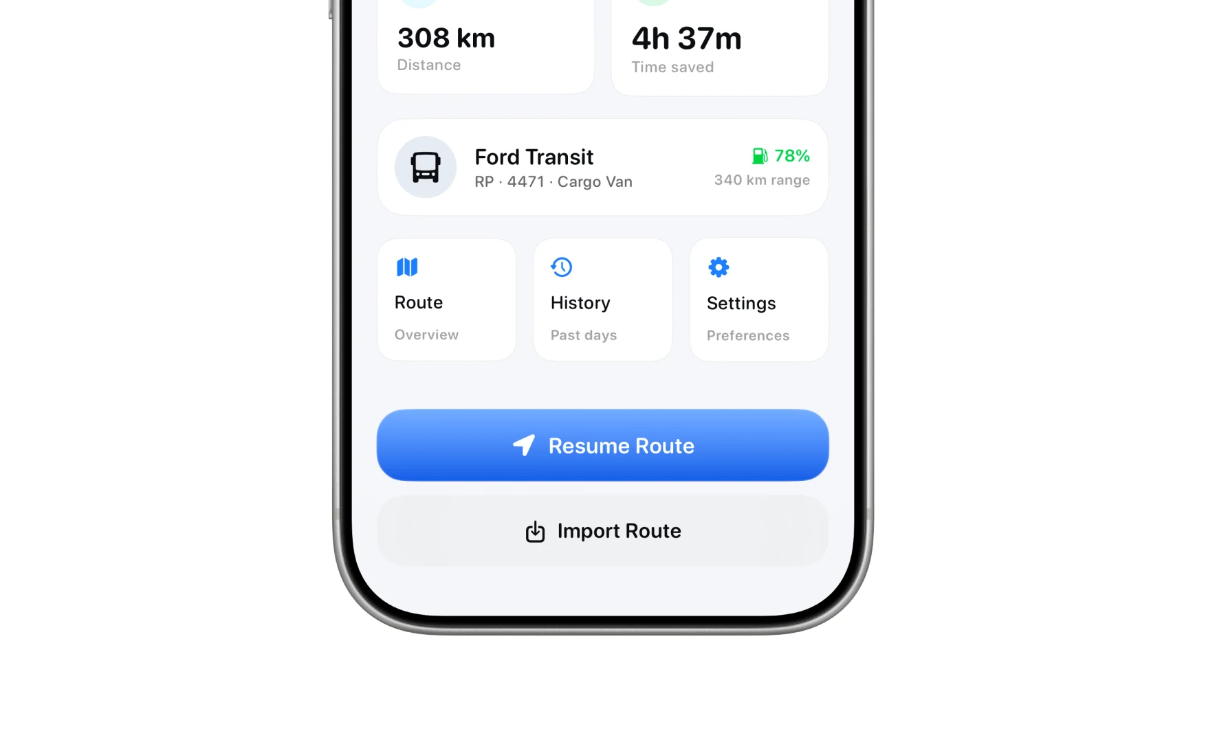 Stat tiles for stops and duration, the vehicle card with fuel level, and the Resume Route and Import Route buttons