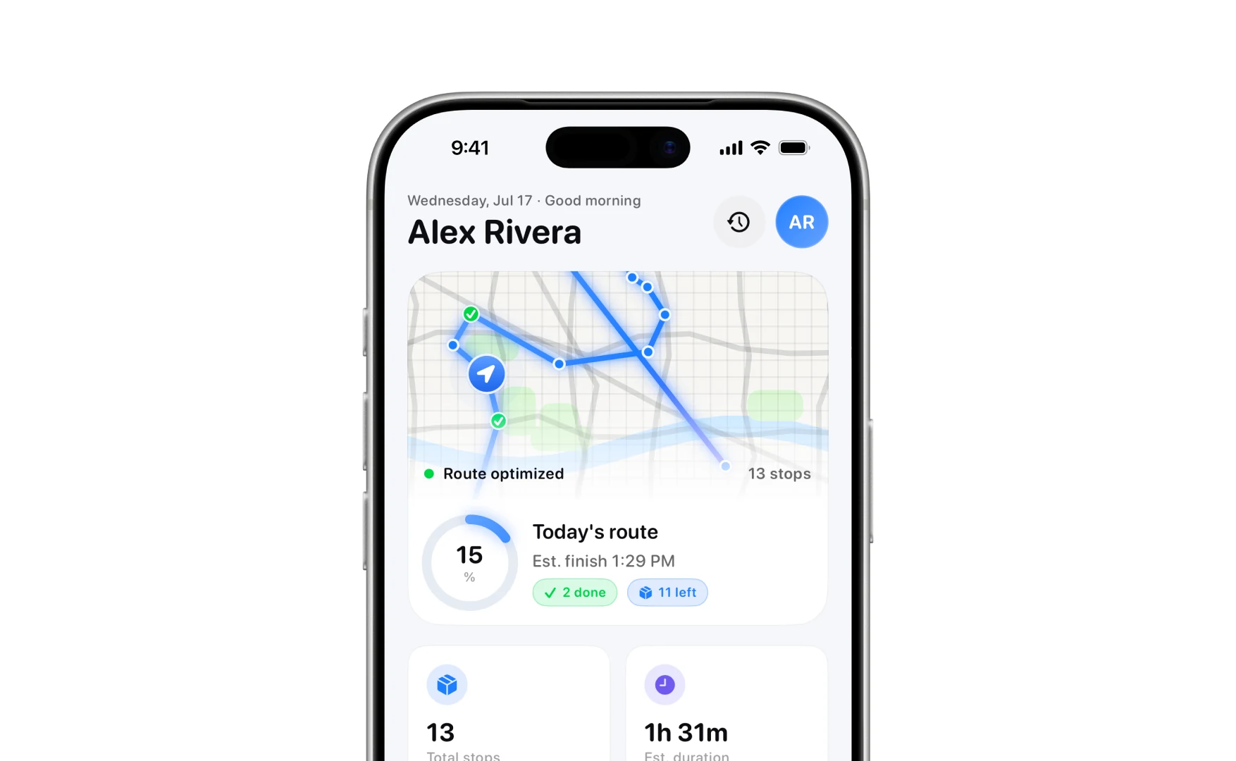 The home screen: a greeting, the route drawn on a map, and a progress ring reading 15 per cent with two done and eleven left