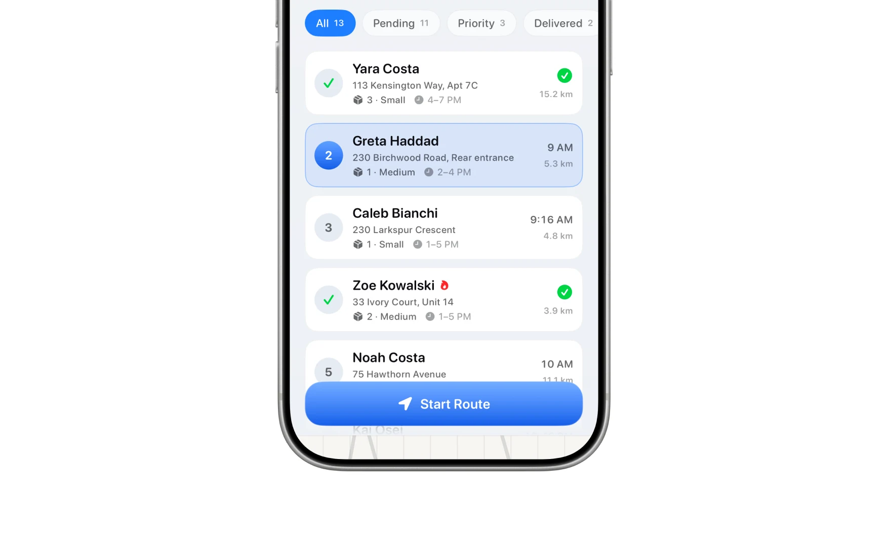 The stop list with All, Pending, Priority and Delivered filters, and the Start Route button