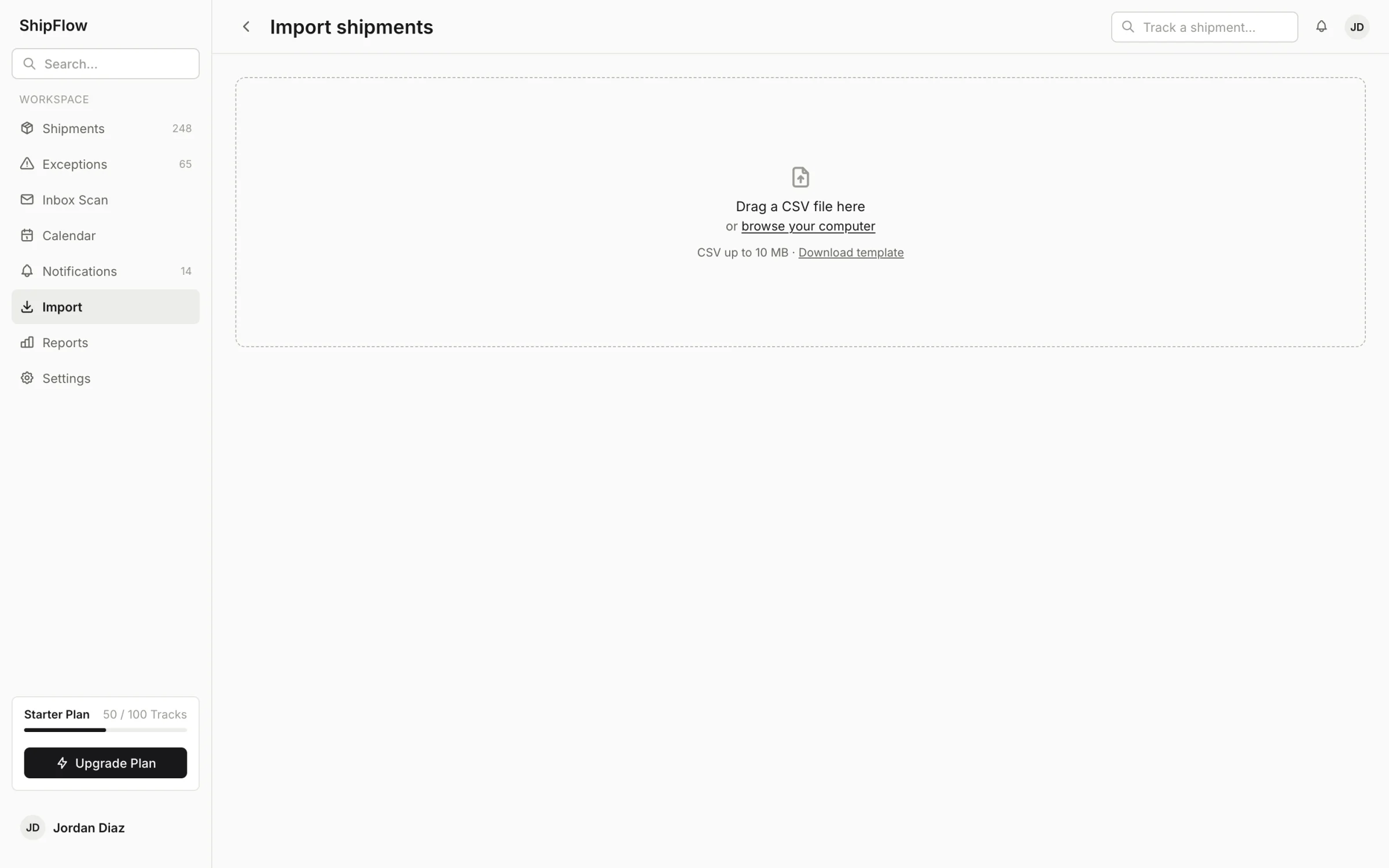 The CSV import screen with a drag-and-drop zone, progress, and a partial-success report