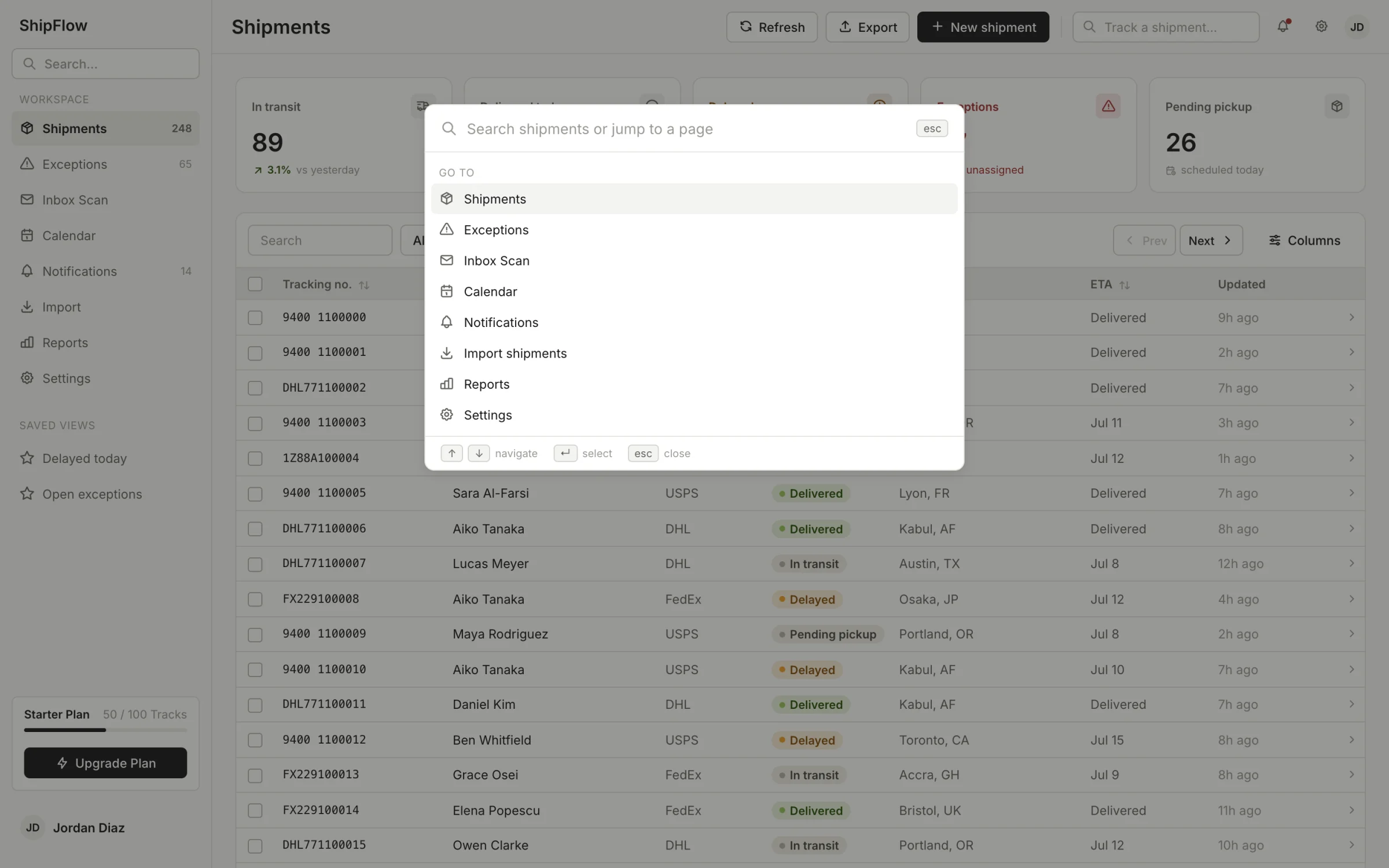 The command palette open over the dashboard, showing pages and shipments