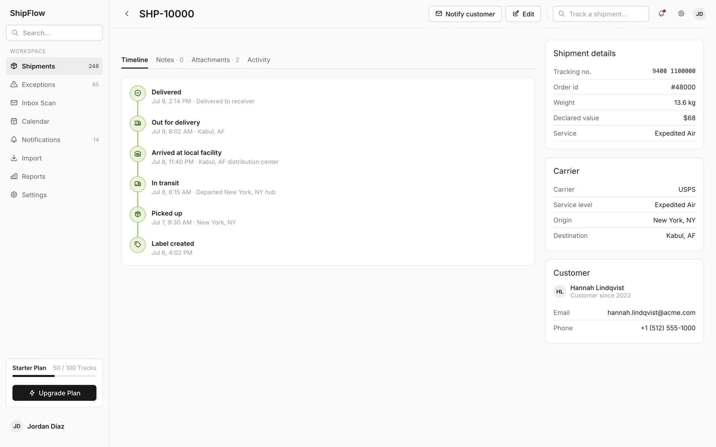 A single shipment page with its timeline, notes, attachments and activity log