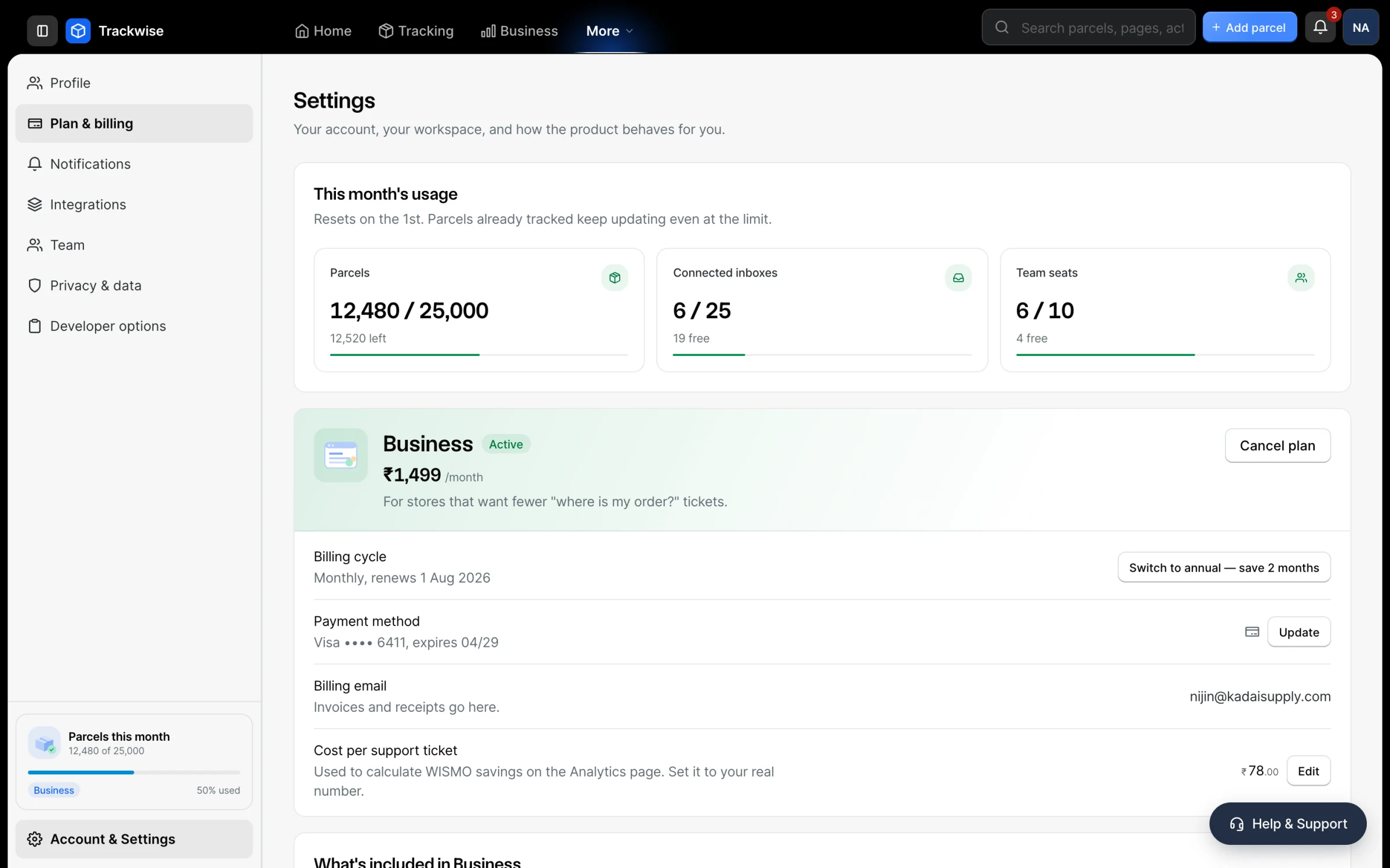 The billing settings screen with plan, quota meters and invoices