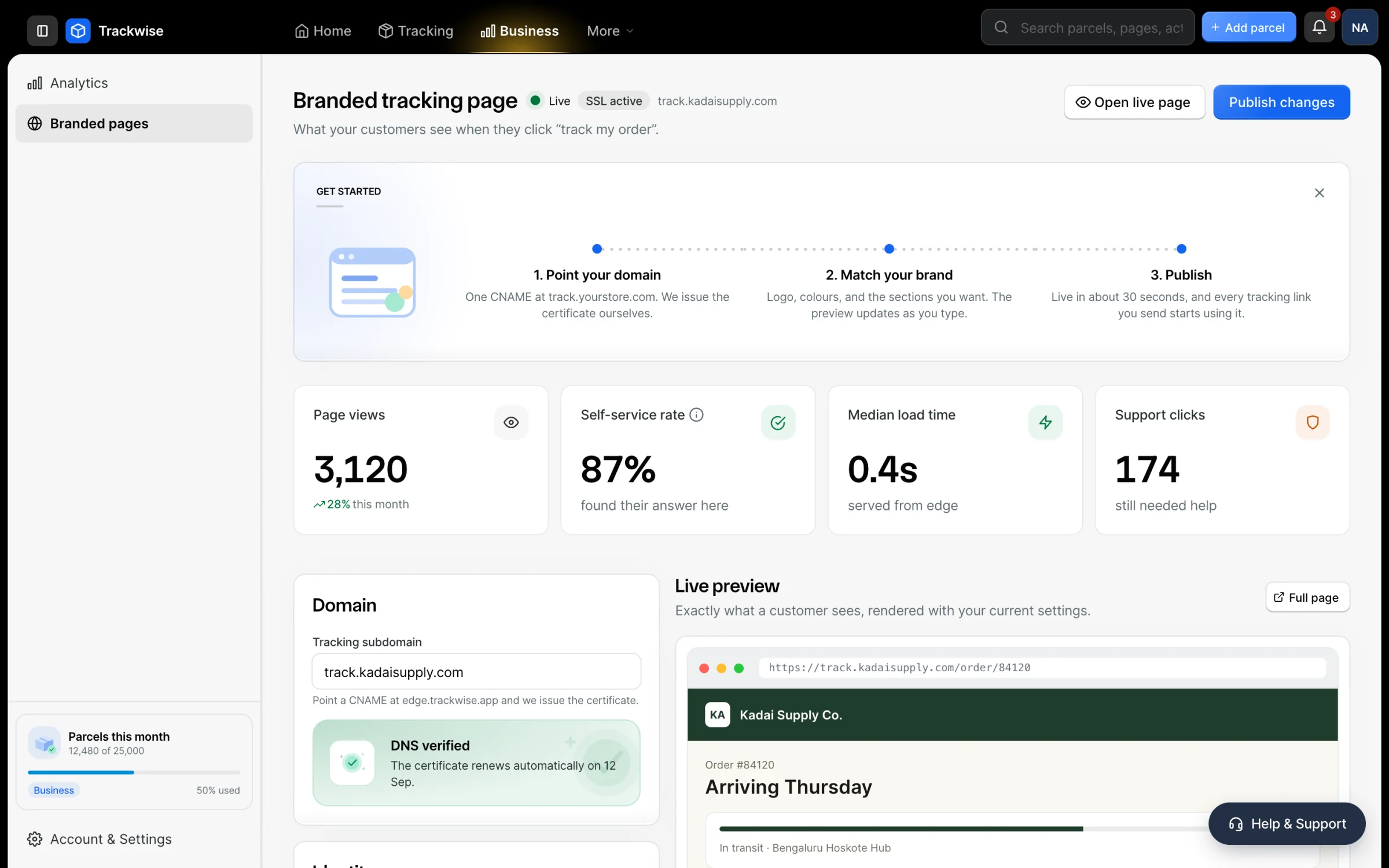 The branded-page builder with a live preview of the merchant’s tracking page