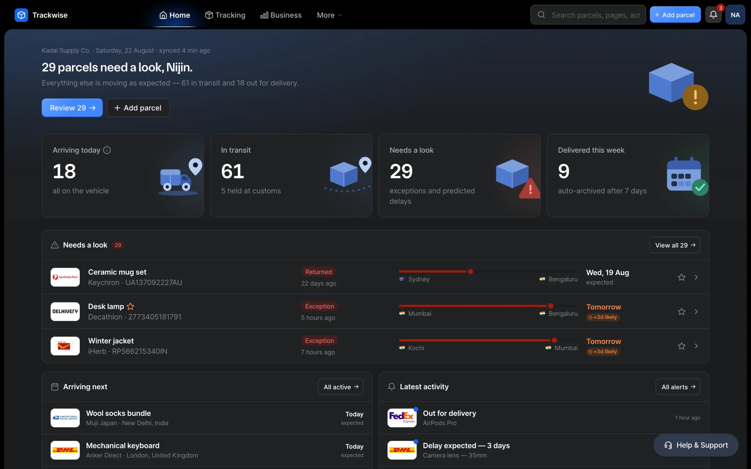 The workspace home in dark mode