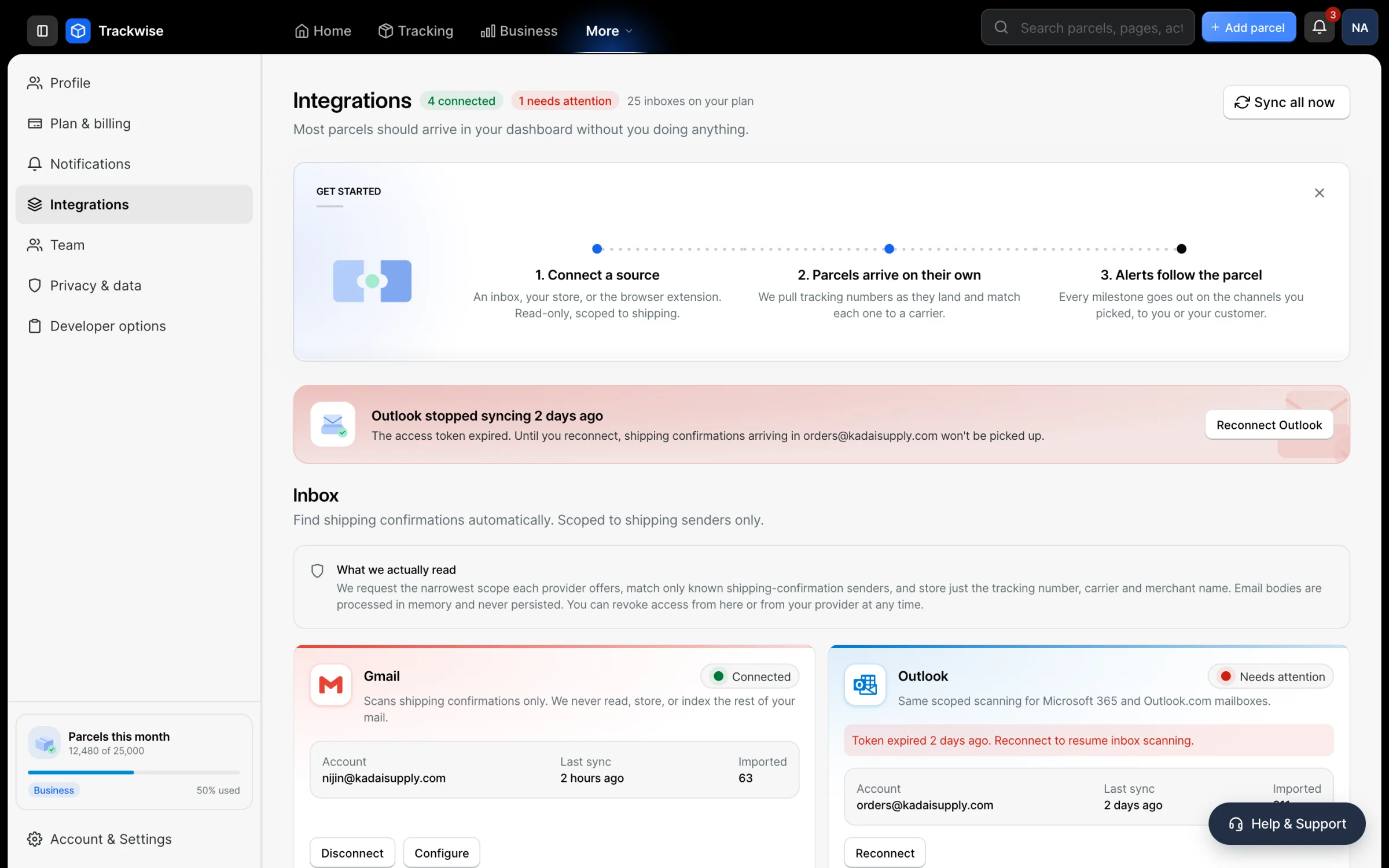 The integrations screen showing inbox, store, channel and developer connections with real states