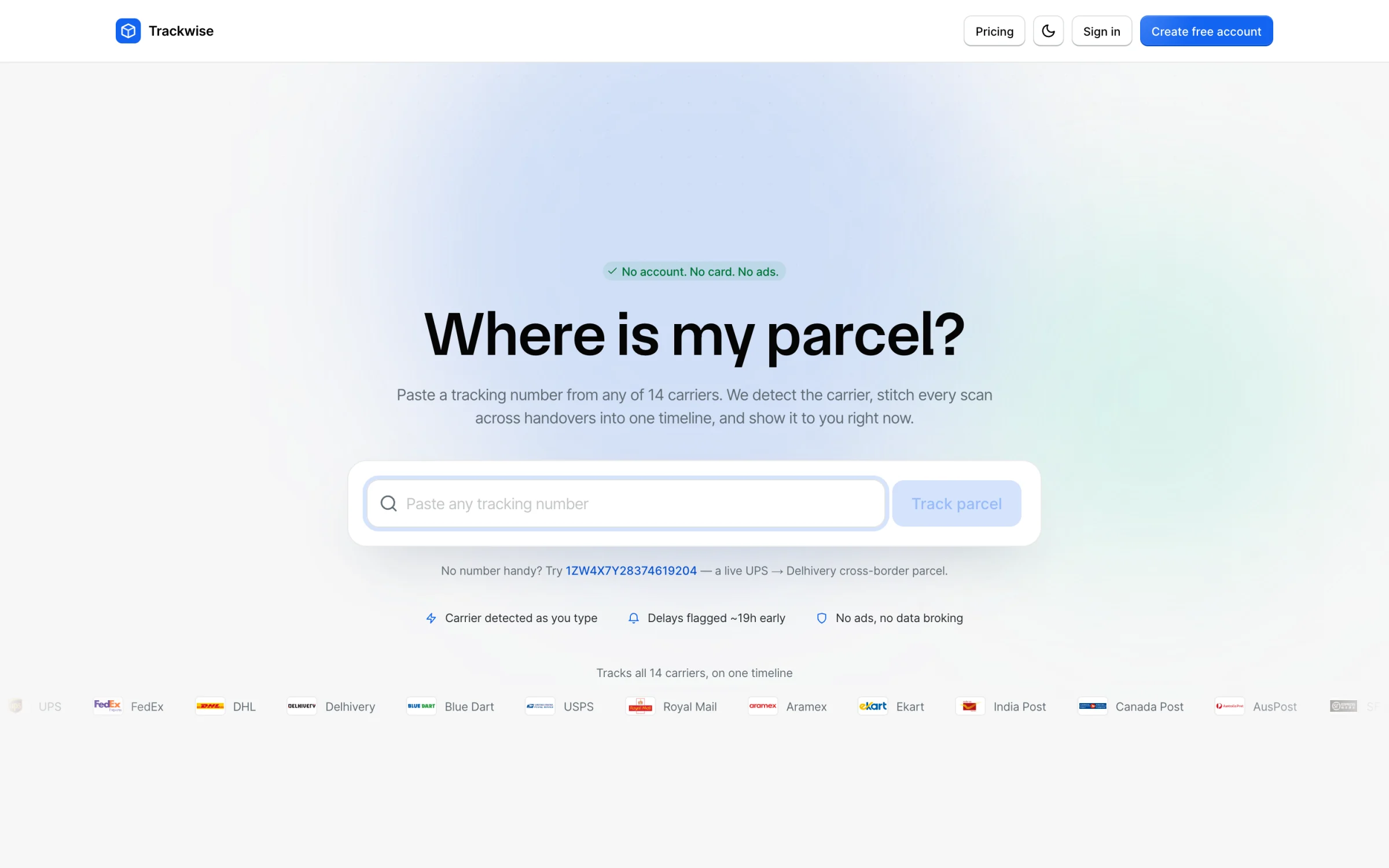 The Trackwise landing page: a hero and a single tracking field