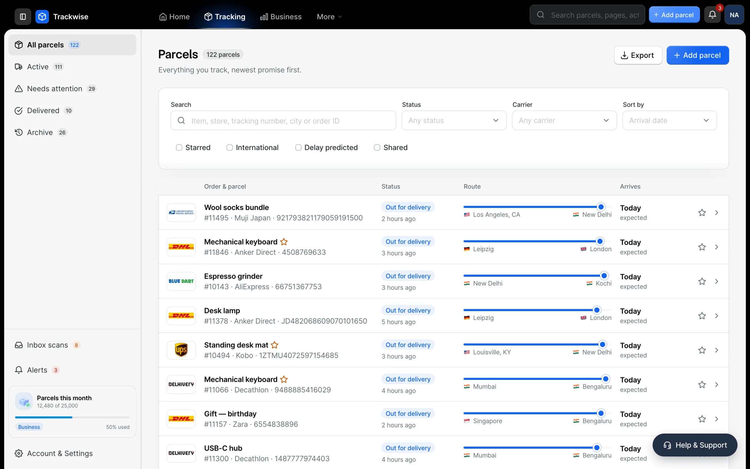 The parcels list with scope tabs, filters, quick filters and pagination