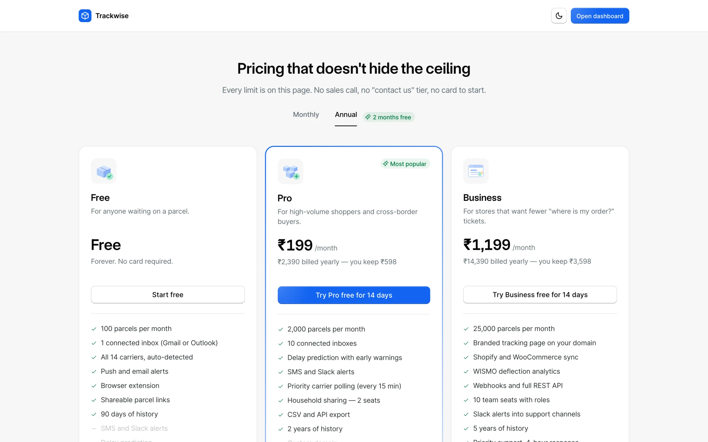 The pricing page with a full comparison table and every limit stated