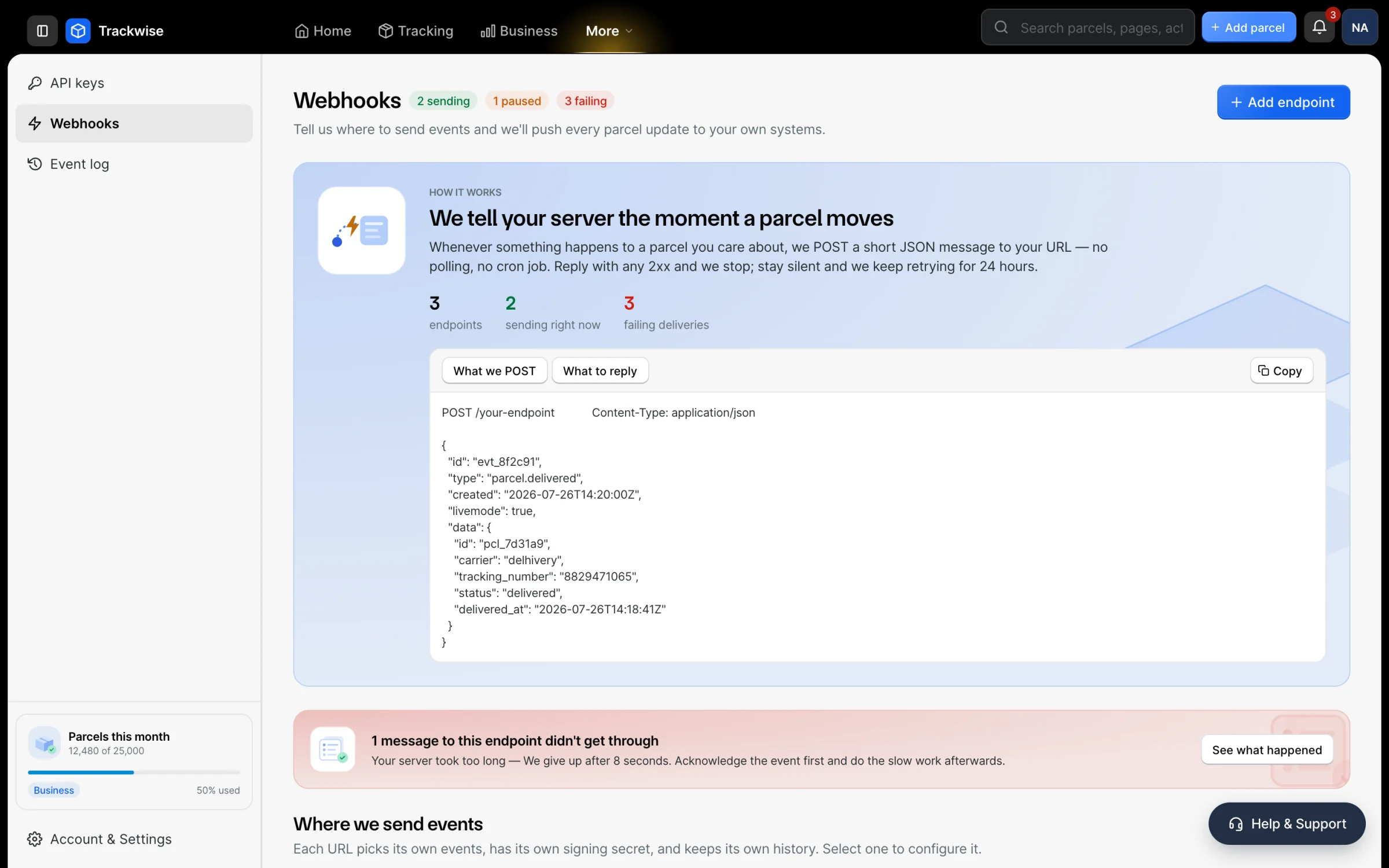 The webhooks screen with endpoints and delivery attempts